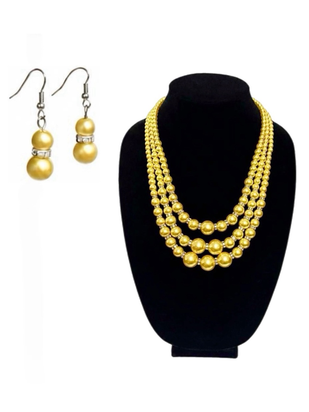 Multi-Strand Gold Faux Pearl Necklace with Crystal Spacers & Drop Earrings